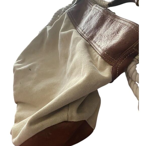 Vtg GAP Jeans Canvas Bucket Bag Tote Rope Cream Brown Leather Y2K 90s Hobo Purse - Picture 12 of 16